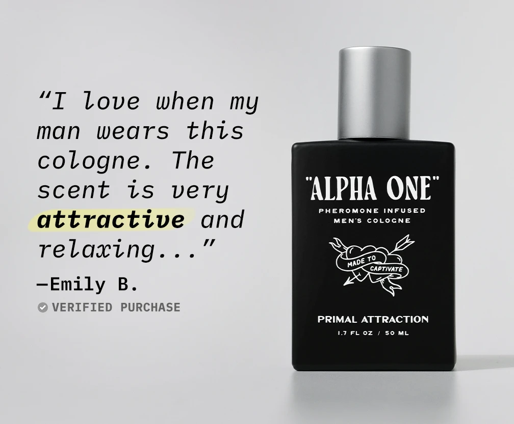 Product testimonial that says I love when my man wears this cologne. The scent is very attractive and relaxing. From Emily B. a verified purchaser. The bottle is off to the right.